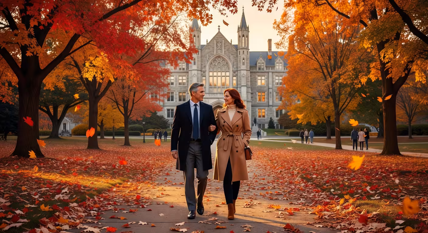 Elegant couple walking through autumn leaves on a tree-lined university campus pathway, modern profe