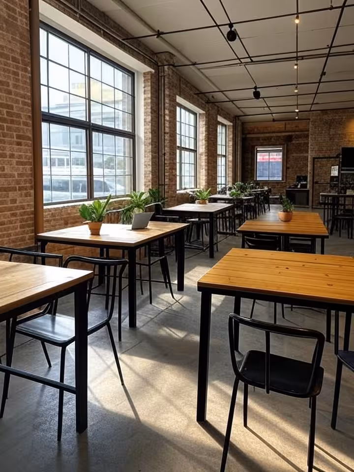 Minimalist tech startup coffee shop interior San Francisco, exposed brick walls, MacBooks on wooden 