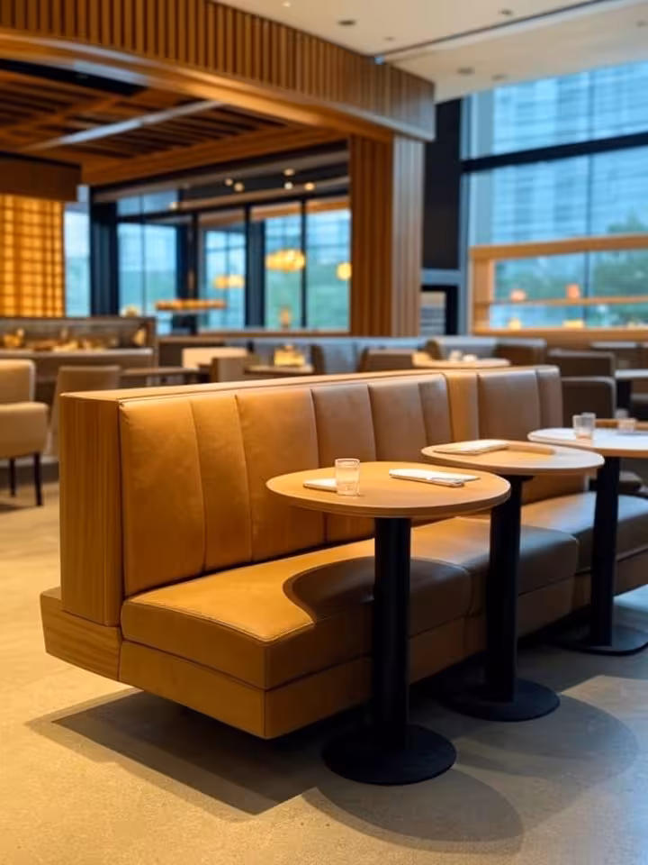 Upscale modern restaurant interior in Austin with contemporary Texas design, intimate booth seating,
