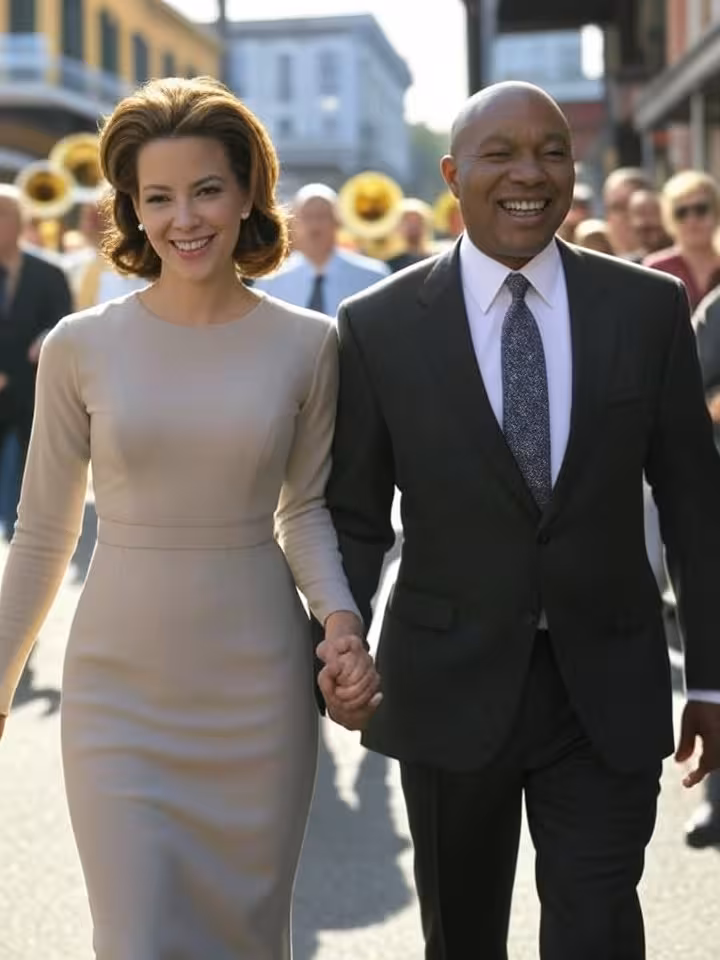 Sophisticated woman and distinguished man walking hand in hand through a vibrant New Orleans second