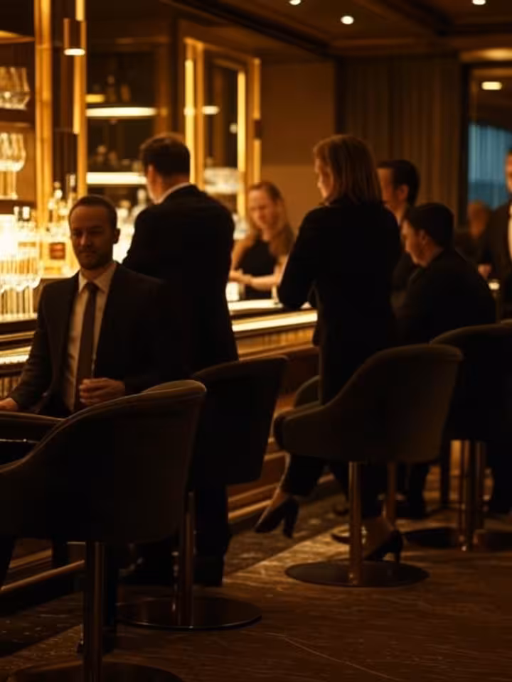 Intimate upscale cocktail lounge interior with velvet seating, warm ambient lighting, art deco detai