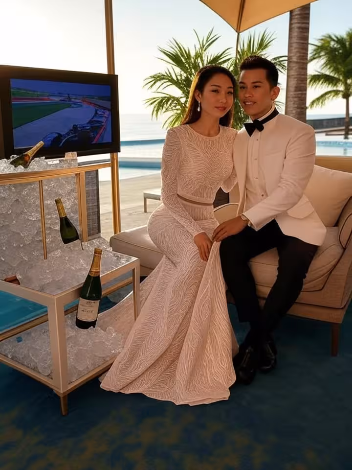 Intimate poolside Monaco F1 viewing setup at luxury Miami hotel, private cabanas with screens, Asian