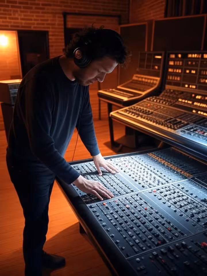 Private recording studio in East Nashville, mixing console and vintage equipment, creative industria