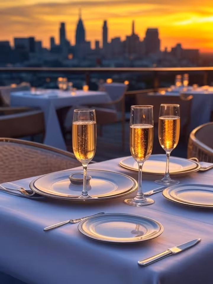 Luxurious rooftop restaurant with panoramic Philadelphia skyline views, dramatic city sunset, elegan