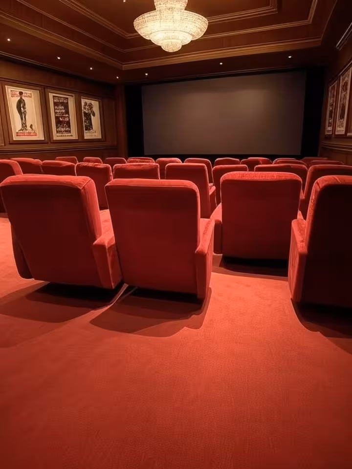 Private screening room interior with plush velvet seats, Hollywood studio aesthetic, ambient mood li