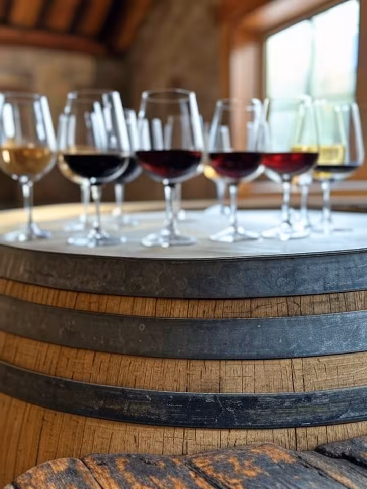 Close-up of wine tasting flight on rustic wooden barrel, premium Napa Valley winery interior, harves