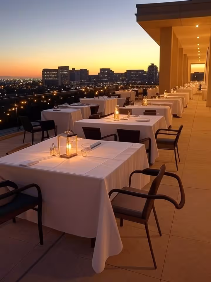 Upscale outdoor dining terrace overlooking Scottsdale cityscape at dusk, romantic ambiance, modern l