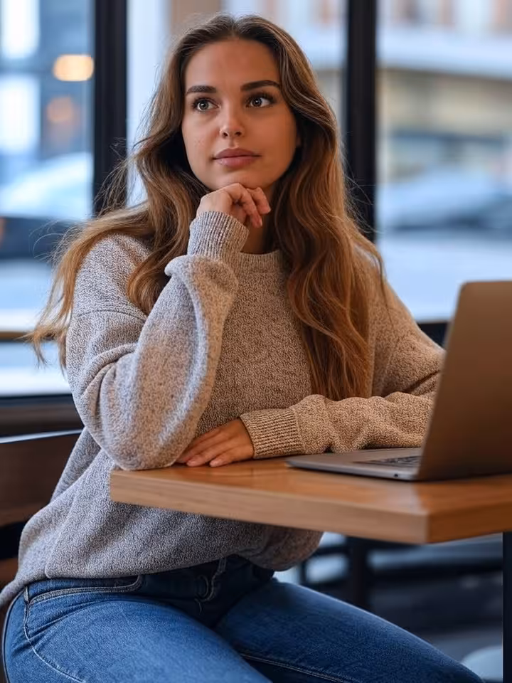 Stylish young woman in elegant casual attire sitting at contemporary Minnesota coffee shop, MacBook 