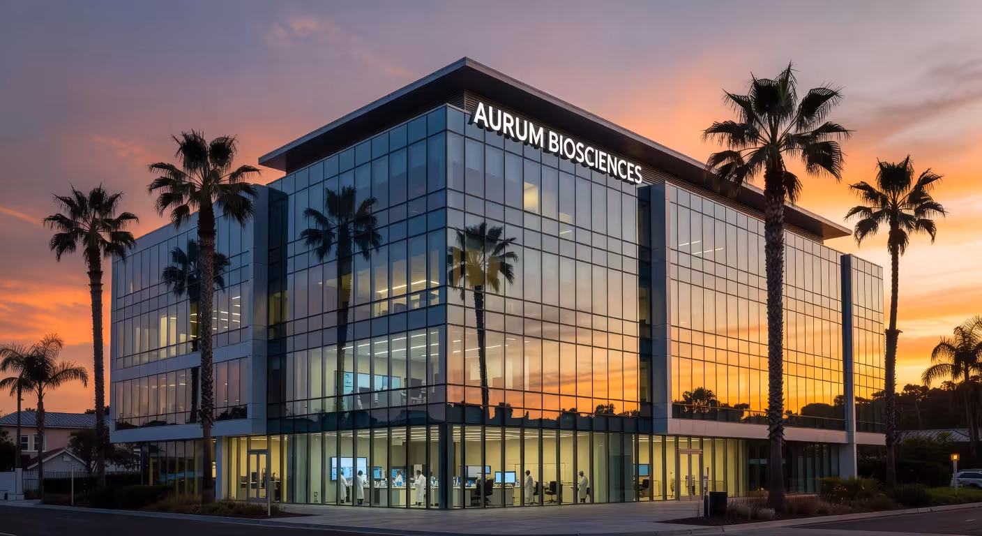Modern luxury biotech office building in Del Mar with glass architecture, sleek contemporary design,