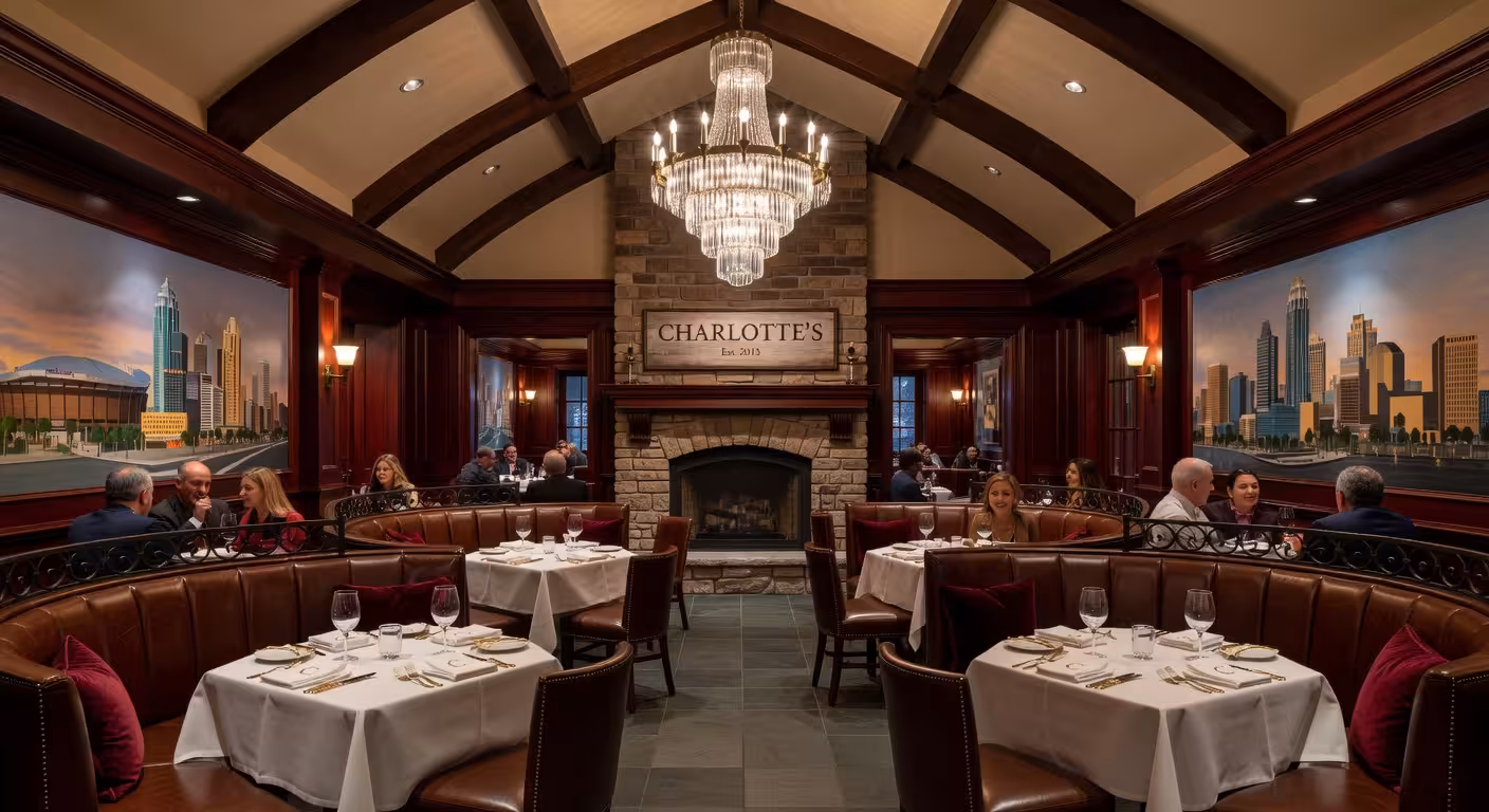 Elegant upscale restaurant interior Charlotte style, sophisticated design with Southern touches, int