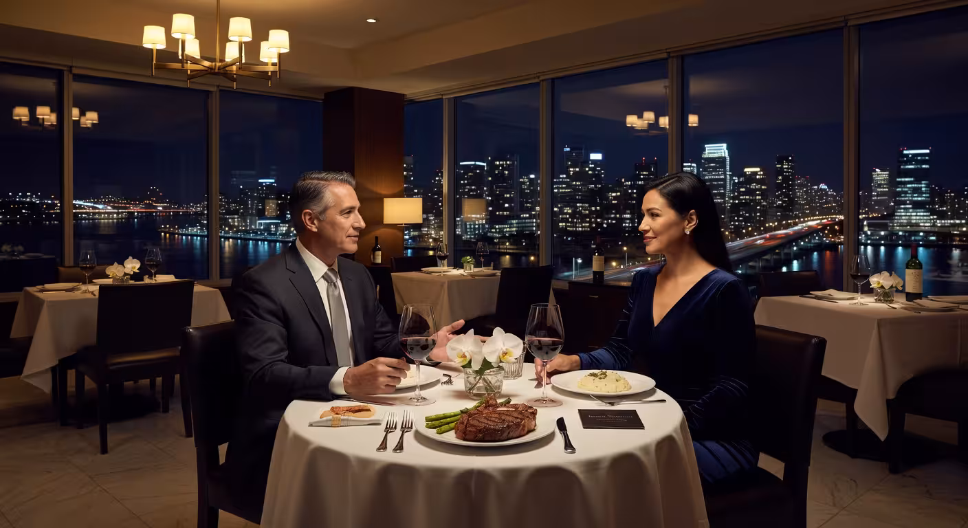 Luxury steakhouse interior on high floor, floor-to-ceiling windows with night city views below, whit