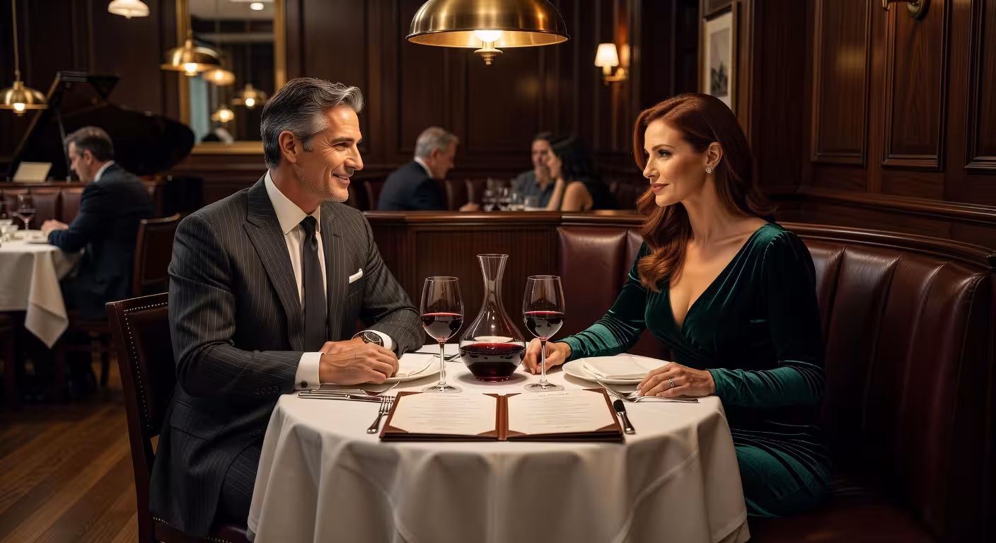 Stylish couple dining at intimate corner table in Chicago steakhouse, white tablecloth, wine glasses