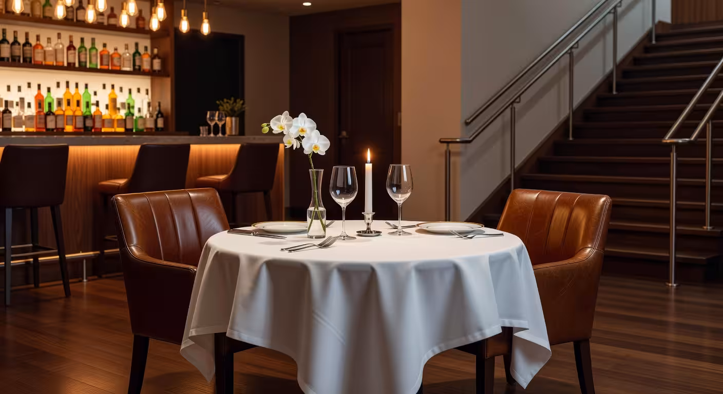 Upscale restaurant table setting with wine glasses and ambient lighting, intimate dinner atmosphere,