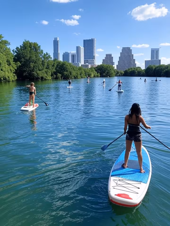 Scenic view of Lady Bird Lake in Austin with paddleboarders, downtown skyline in background, bright 