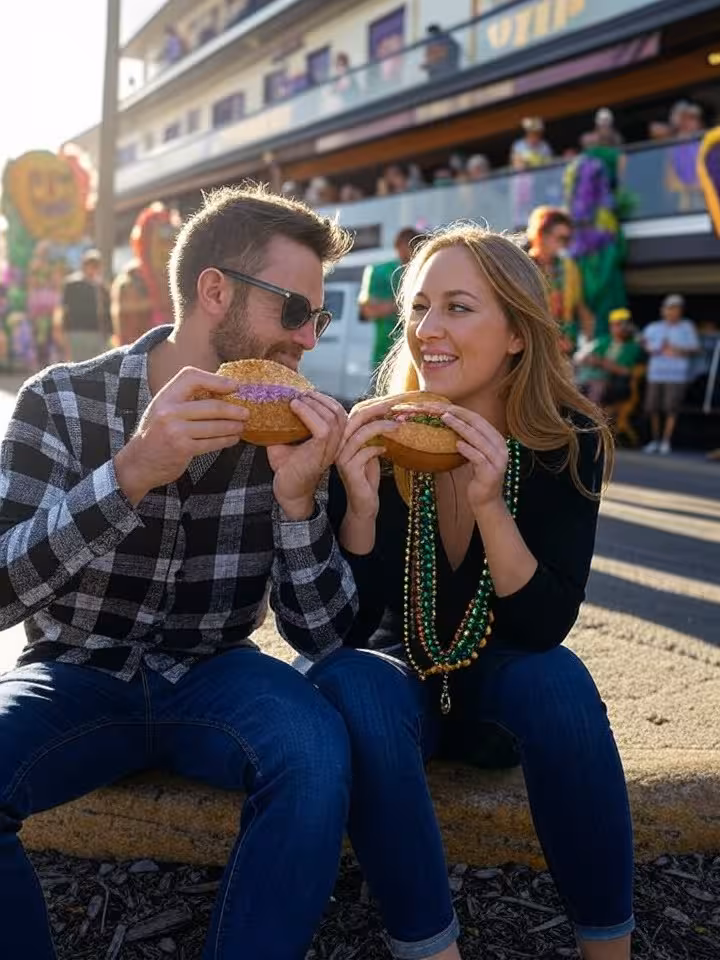 Upscale couple sharing po'boy sandwiches while sitting on a curb during Mardi Gras parade, VIP balco