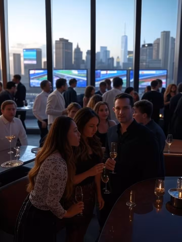 Stylish New York City rooftop bar Monaco Grand Prix party, floor-to-ceiling windows with Manhattan s