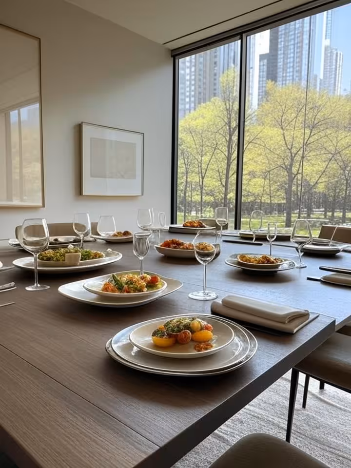 Modern minimalist private dining room overlooking Manhattan, floor-to-ceiling windows with city park