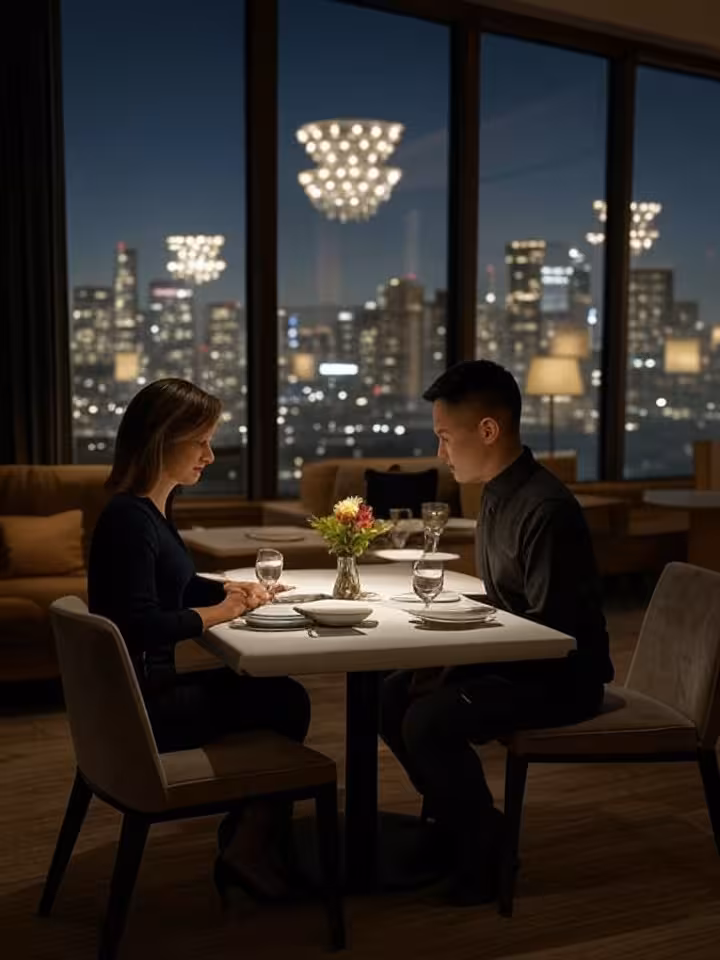 Modern fine dining restaurant interior overlooking San Francisco city lights at night, floor-to-ceil
