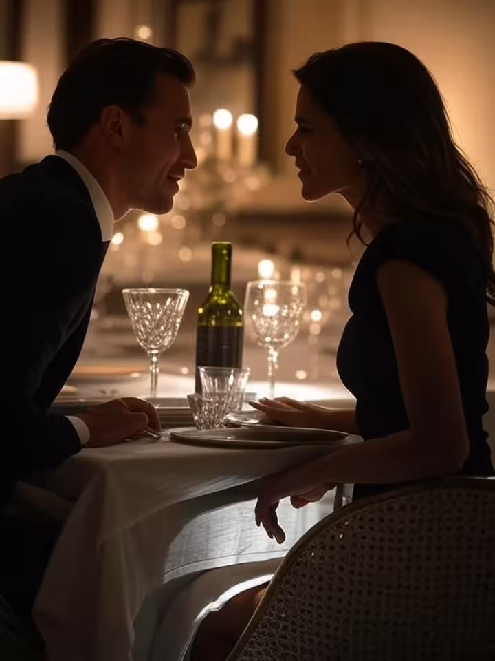 Sophisticated couple dining at candlelit corner table in exclusive Beverly Hills restaurant, soft fo