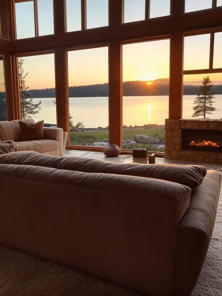 Luxury private lake house interior on Minnesota lake with floor-to-ceiling windows, sunset golden ho