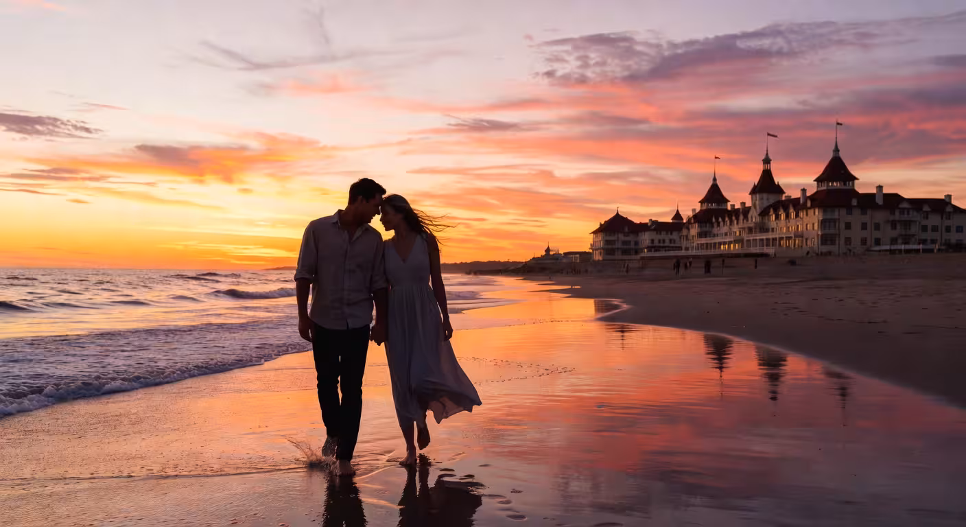 Romantic couple walking along Coronado Beach at dusk, silhouettes against orange and pink sunset sky