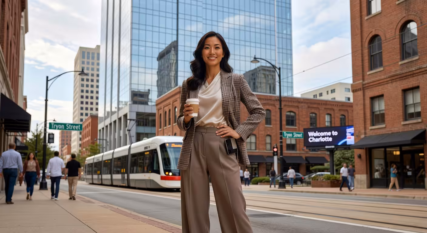Stylish professional woman in sophisticated business casual outfit, confident pose in modern urban s