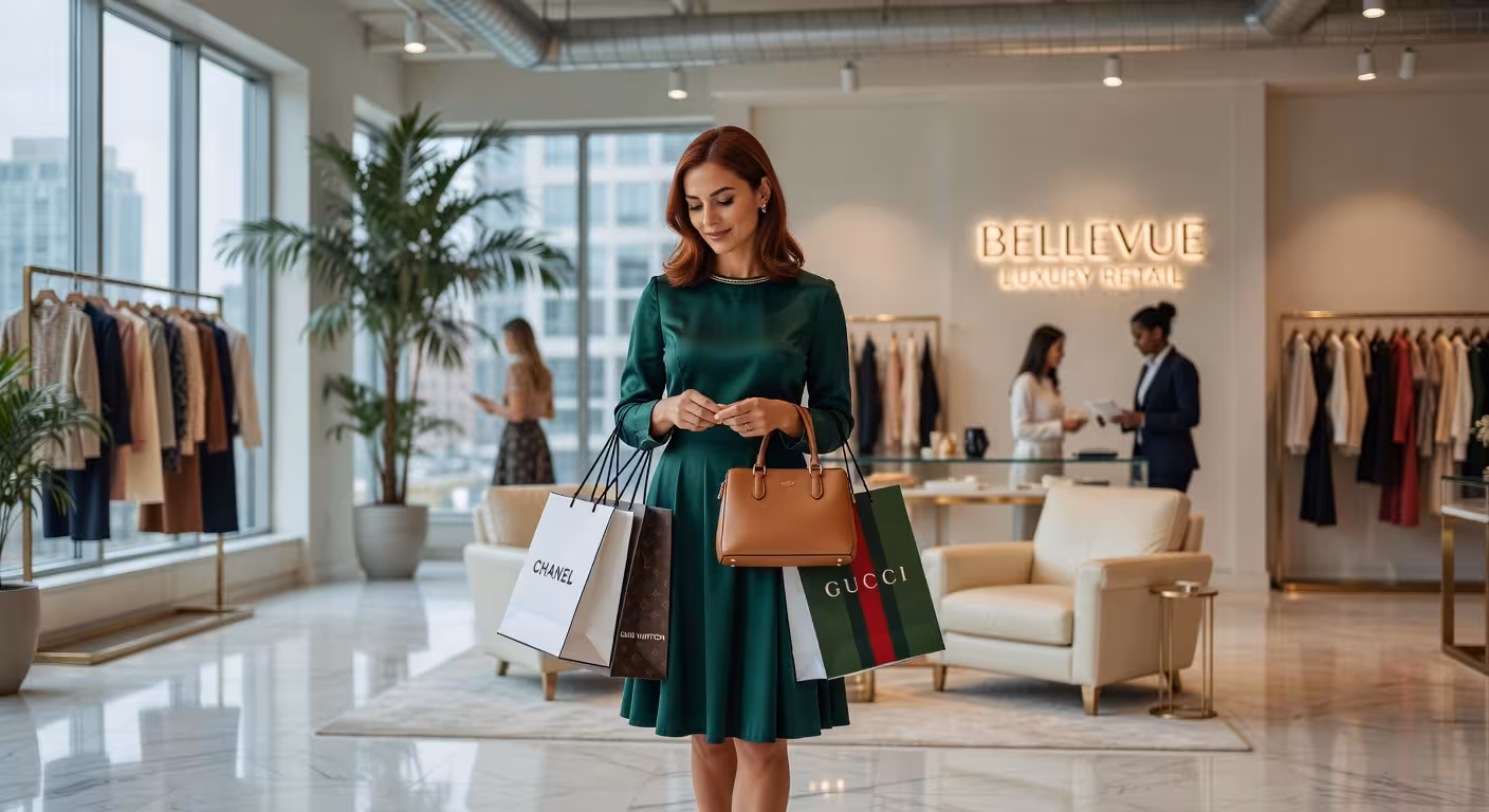 Stylish woman in designer cocktail dress shopping in high-end boutique, Bellevue luxury retail inter