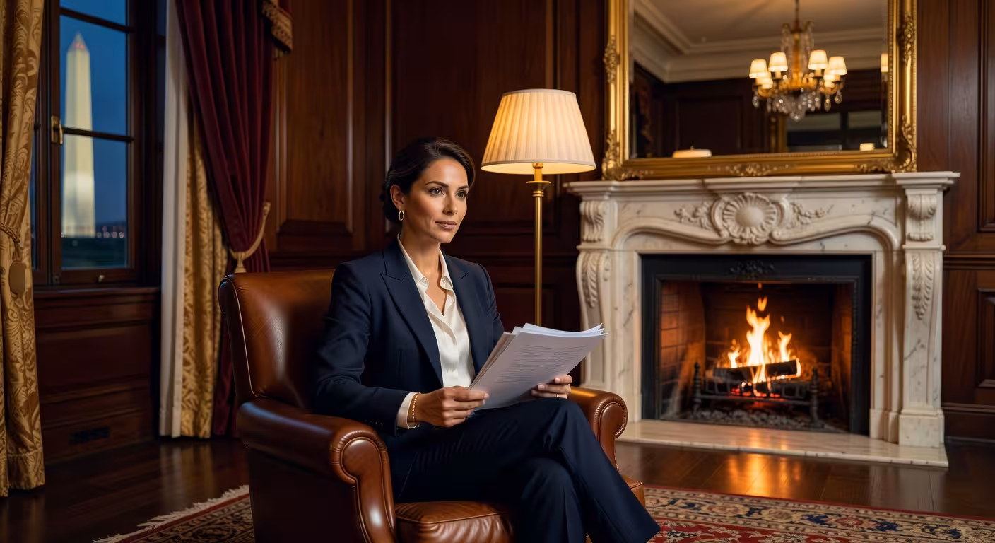 Beautiful woman reviewing documents at luxury hotel lounge in Washington DC, leather armchair, sophi