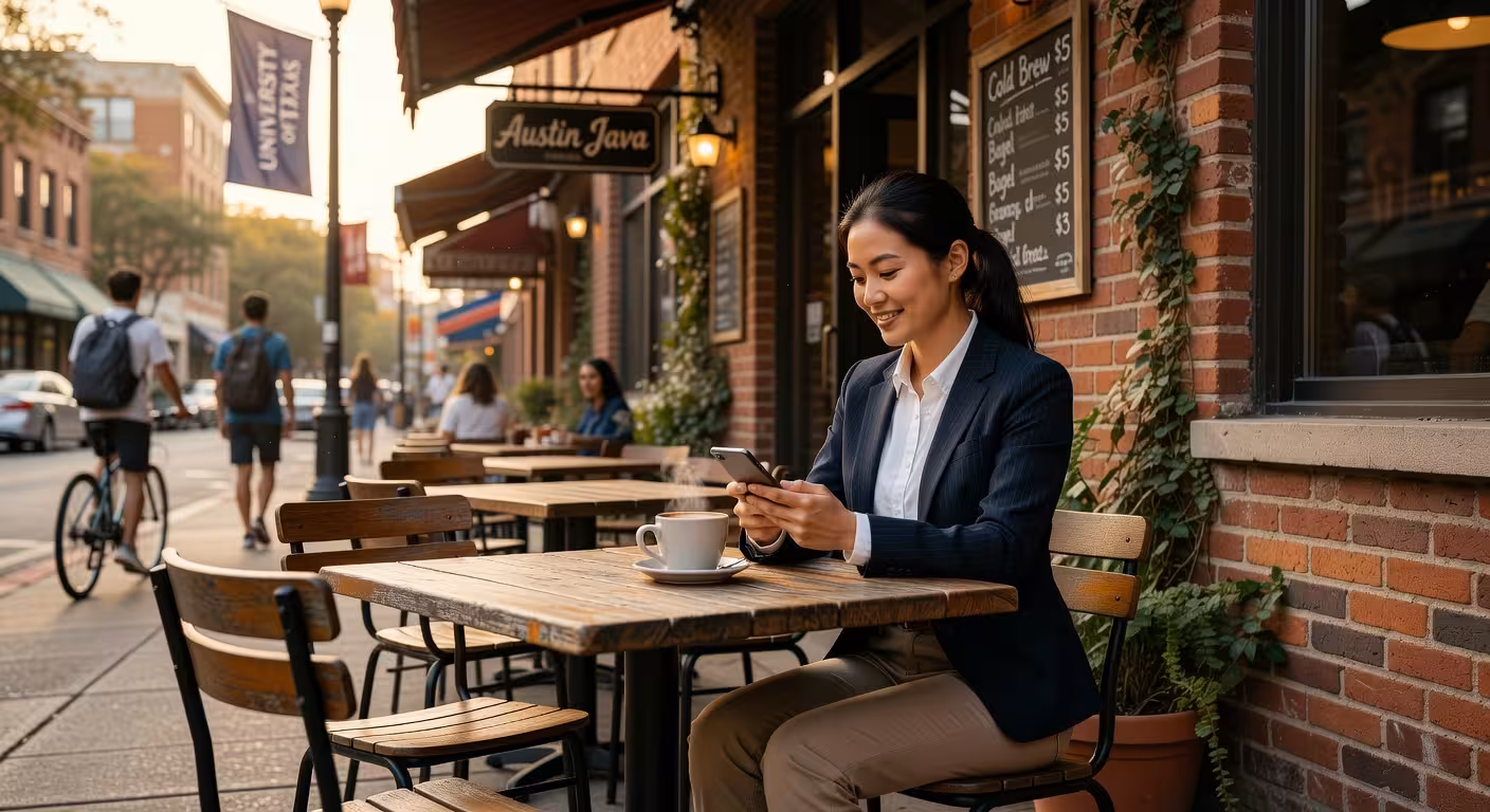 Young professional woman in smart casual outfit checking her phone while sitting at an outdoor coffe