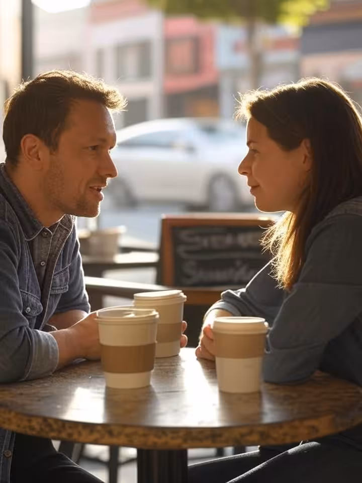 Intimate conversation between two people at outdoor cafe table in Mission District San Francisco, ca