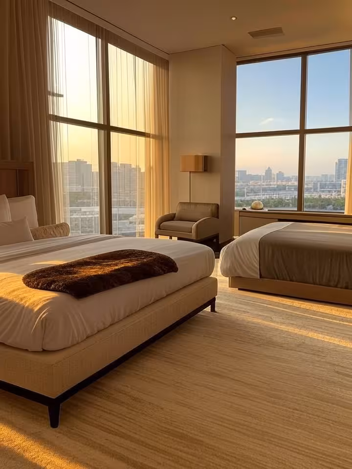 Luxury boutique hotel room interior with Texas modern design, large windows overlooking Austin citys