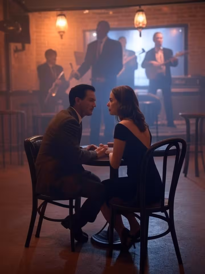 Intimate jazz club scene in New Orleans with elegant couple at small table, dim atmospheric lighting