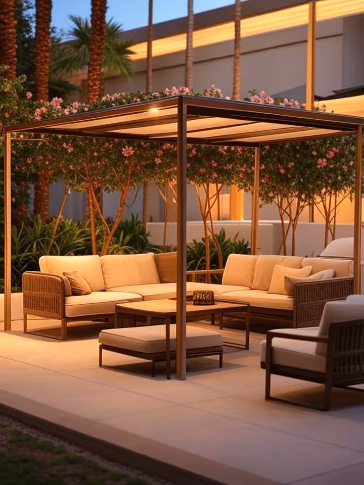Private cabana seating area at exclusive LA members club, mid-century modern design, lush greenery, 