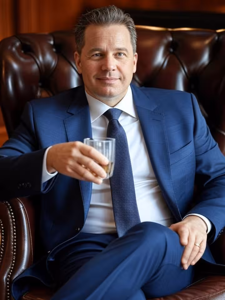 Texas upscale gentleman in tailored suit at exclusive private club, mature successful businessman ho