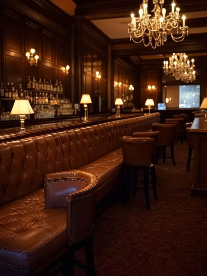 Nashville's Hermitage Hotel Oak Bar interior, classic sophisticated lounge setting, leather seating,