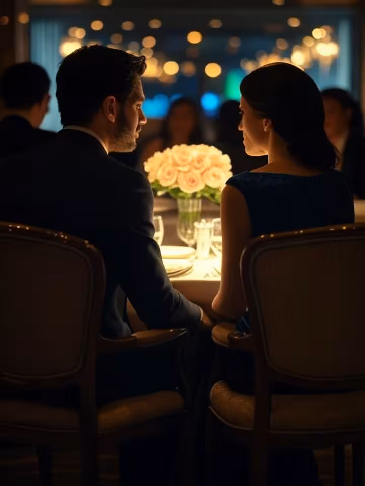 Intimate private dining scene from behind, well-dressed couple at elegant restaurant table deep in c
