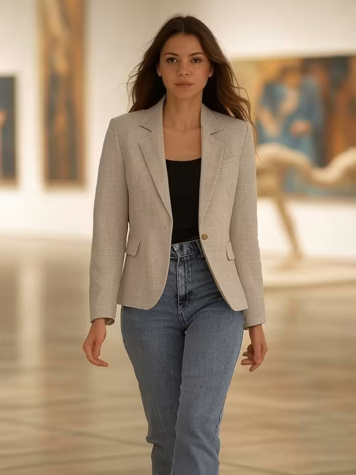 Woman in chic outfit walking through modern art gallery space, contemporary paintings on white walls