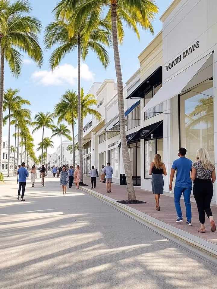 Palm Beach Worth Avenue boutique shopping district, luxury storefronts, elegant palm-lined street, u