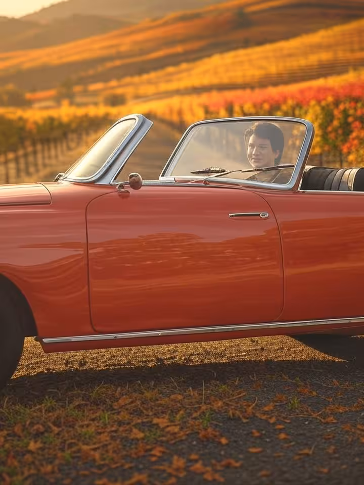 Vintage convertible driving through Napa Valley wine country, autumn foliage, scenic vineyard roads,