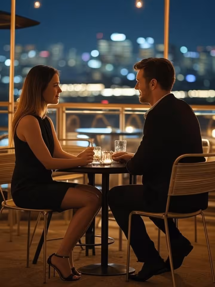 Intimate rooftop bar scene in Scottsdale at night, city lights, modern sophisticated atmosphere, lif
