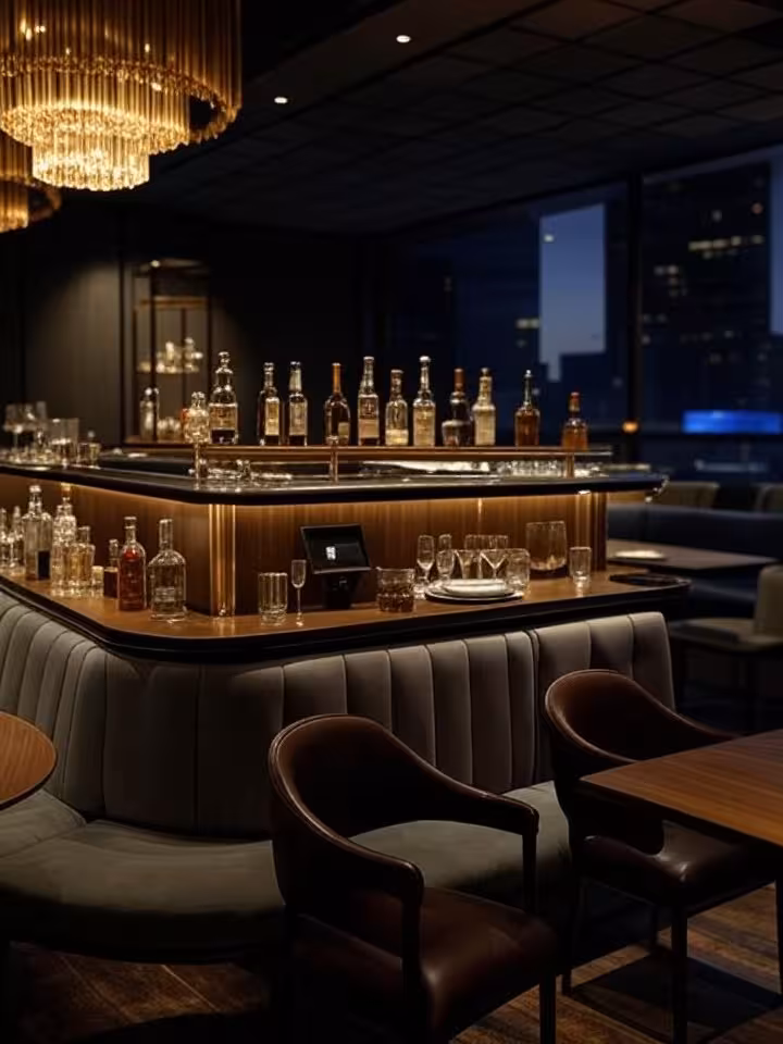 Upscale Minneapolis cocktail bar interior with sophisticated modern design, low lighting, intimate b