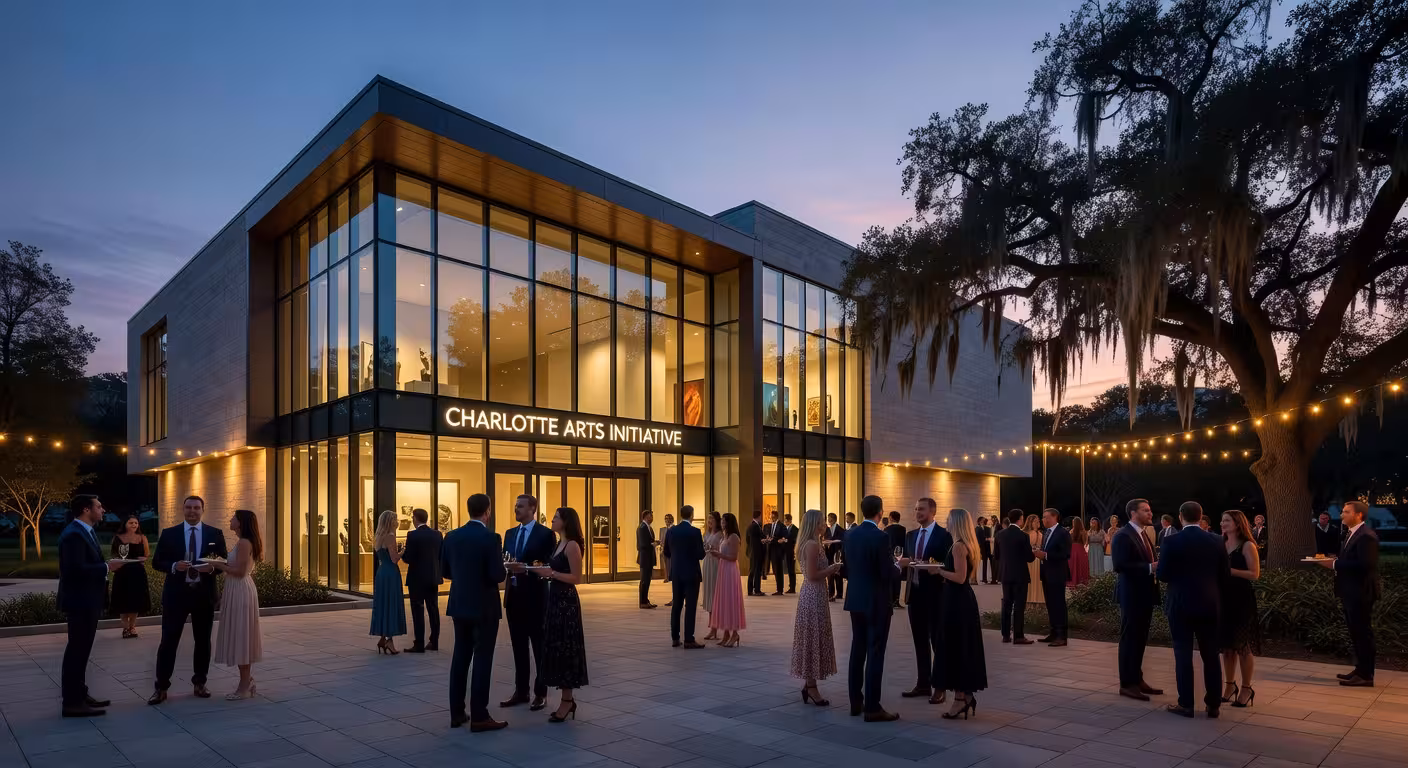 Charlotte cultural district scene, modern art gallery or museum exterior, well-dressed attendees at 