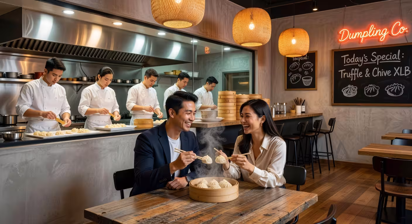 Cozy dumpling restaurant interior, open kitchen with chefs making xiao long bao visible through glas