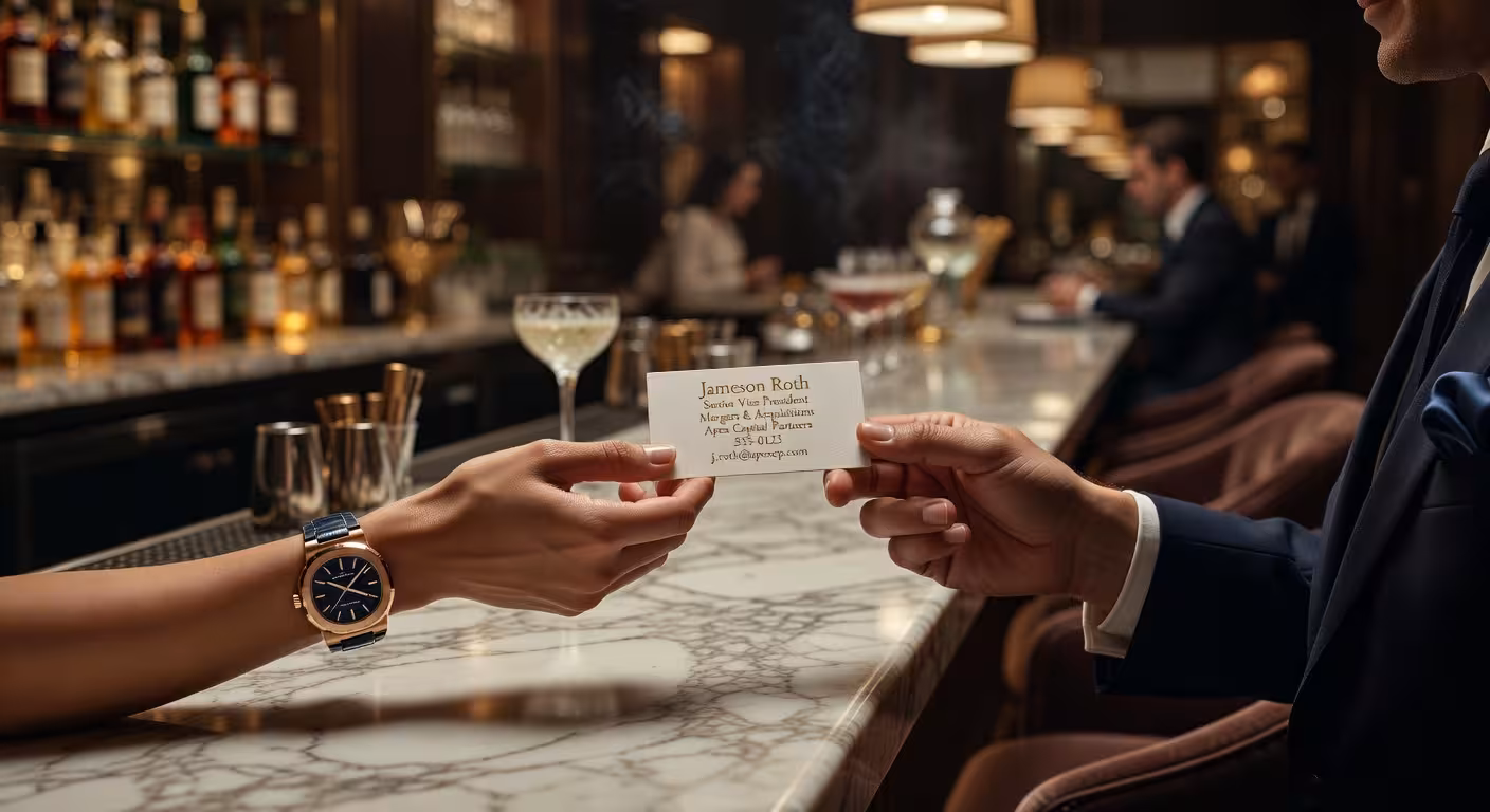 Close-up of elegant hands exchanging business card at upscale bar, designer accessories visible, blu