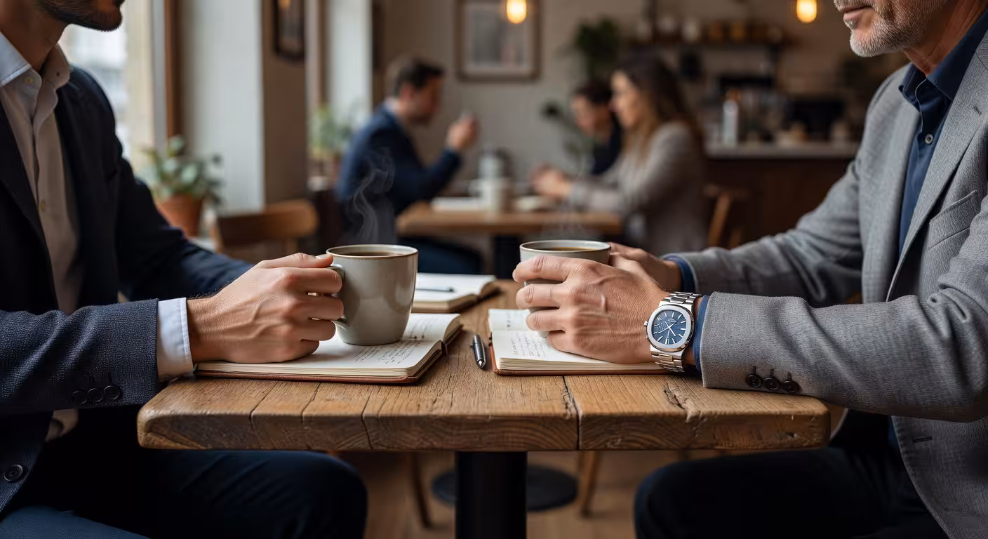Close-up of two hands holding coffee cups in conversation across a small cafe table, one with a luxu