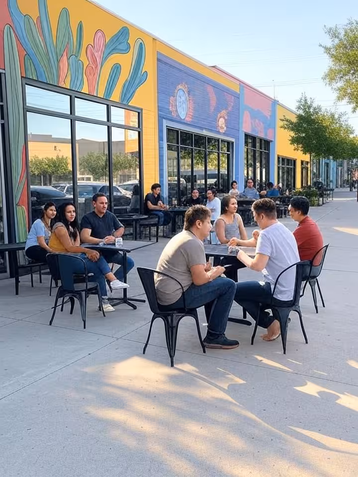 East Austin artistic neighborhood scene with colorful murals, trendy coffee shop patio, young profes