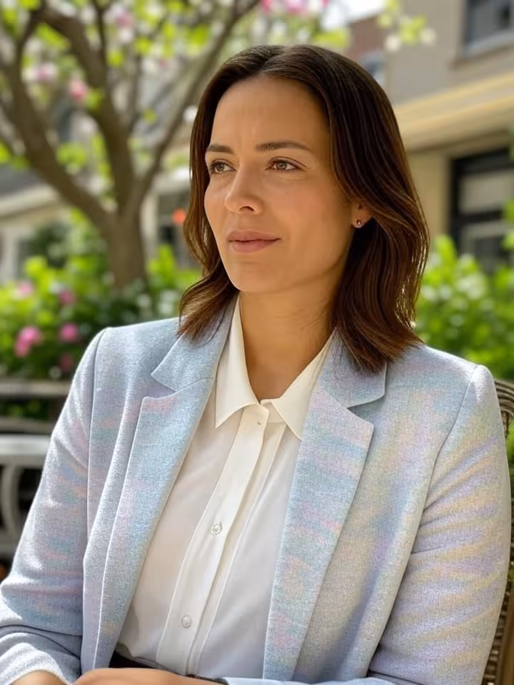 Stylish professional woman in her late twenties sitting at outdoor garden restaurant table in New Or