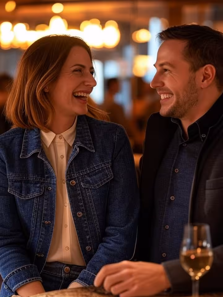 Stylish couple having animated conversation at upscale club bar, genuine laughter, natural interacti