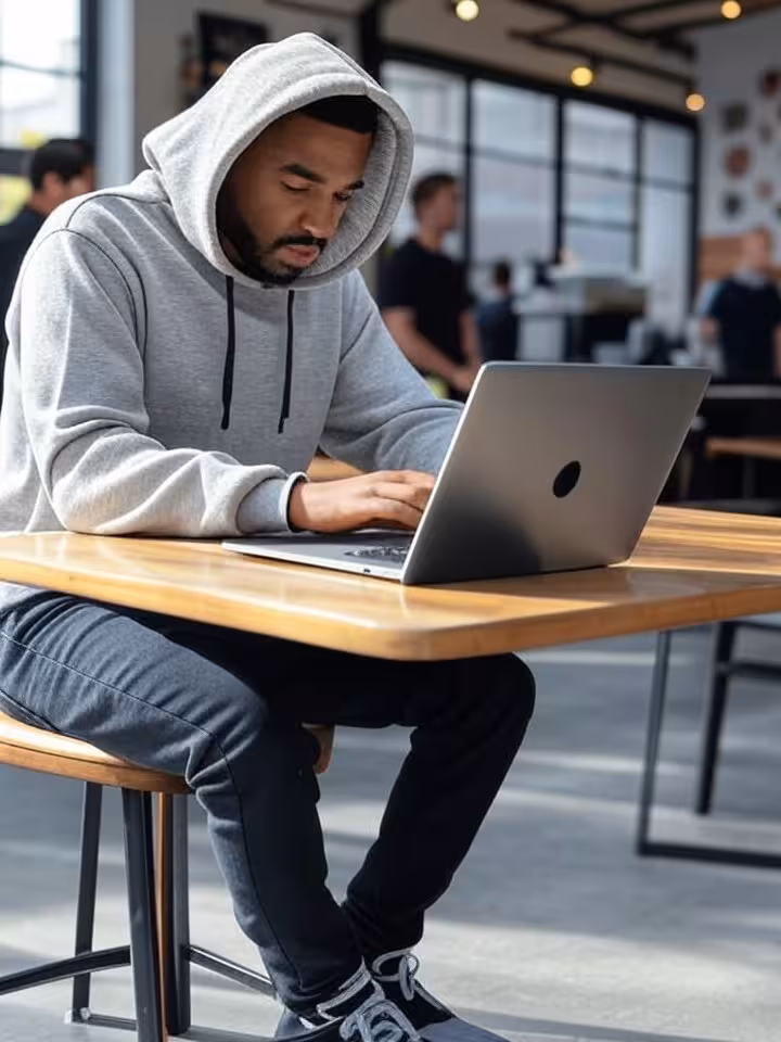 Modern Austin coffee shop tech scene, successful entrepreneur man in casual hoodie and trendy sneake