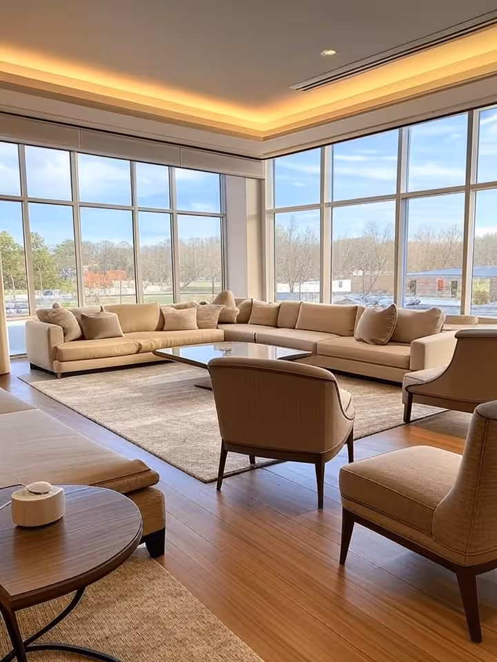 Boutique hotel suite in Franklin Tennessee, modern luxury interior design, floor-to-ceiling windows 